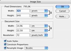 Image Size / Tamanho da imagem Janela para modificar o tamanho e a resolução.