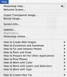 Menu Help / Ajuda Photoshop Help... / Ajuda do Photoshop Mostra um manual de ajuda do Photoshop, em formato de página da Web. Não é necessário ligação à Internet para ler e usar este manual.