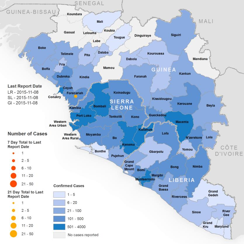 Atualização Ebola 18/11/15 Os países Serra Leoa e Libéria já são considerados pela Organização Mundial de Saúde como países livre da epidemia de ebola, pois há mais de 42 dias não apresentam casos