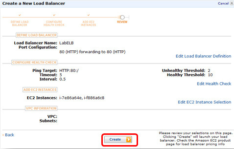 Revise suas configurações do ELB e clique em Create (seguido de Close). A AWS está criando agora o seu ELB.