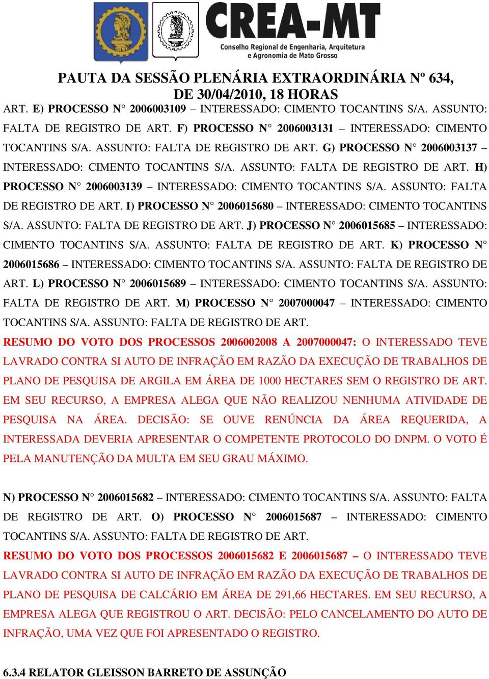 ASSUNTO: FALTA DE REGISTRO DE ART. J) PROCESSO N 2006015685 INTERESSADO: CIMENTO TOCANTINS S/A. ASSUNTO: FALTA DE REGISTRO DE ART. K) PROCESSO N 2006015686 INTERESSADO: CIMENTO TOCANTINS S/A.