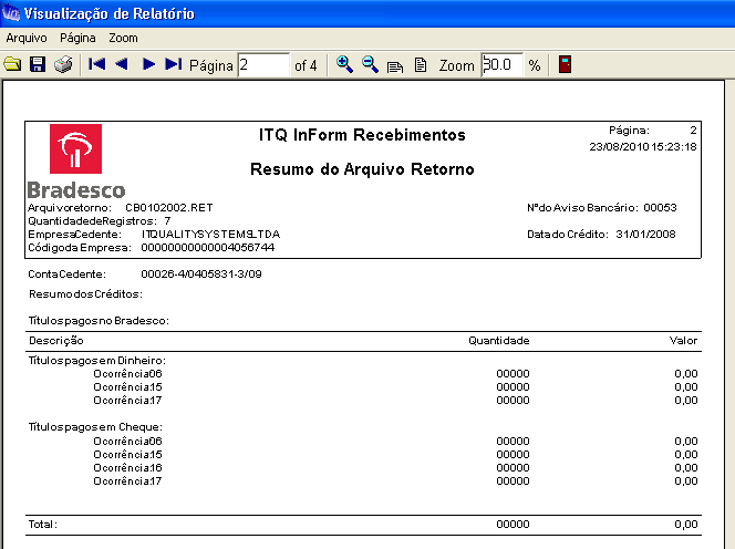 Na primeira página do resumo será apresentado a listagem de ocorrências das cobranças pertencentes a conta cedente apresentada abaixo do cabeçalho, a quantidade de cada ocorrência existente nos