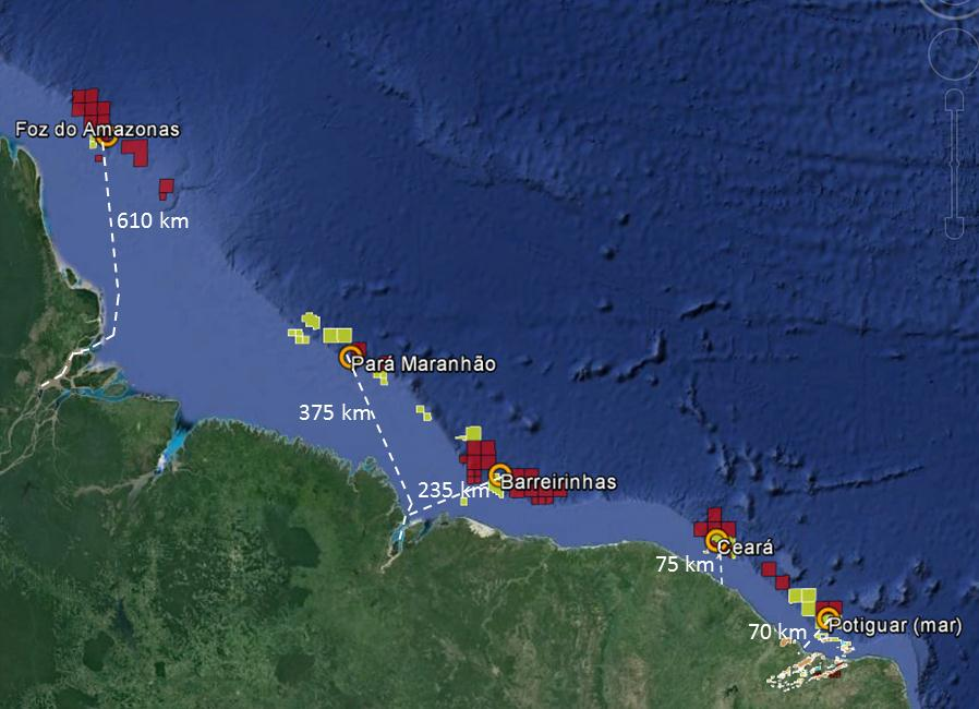 Novas Fronteiras Norte / Nordeste Distâncias de Navegação Foz do Amazonas Macapá 329 NM Distância entre a costa e Bacias 389 NM Pará Maranhão 246 NM 202 NM Belém 125 km - Há uma grande distância