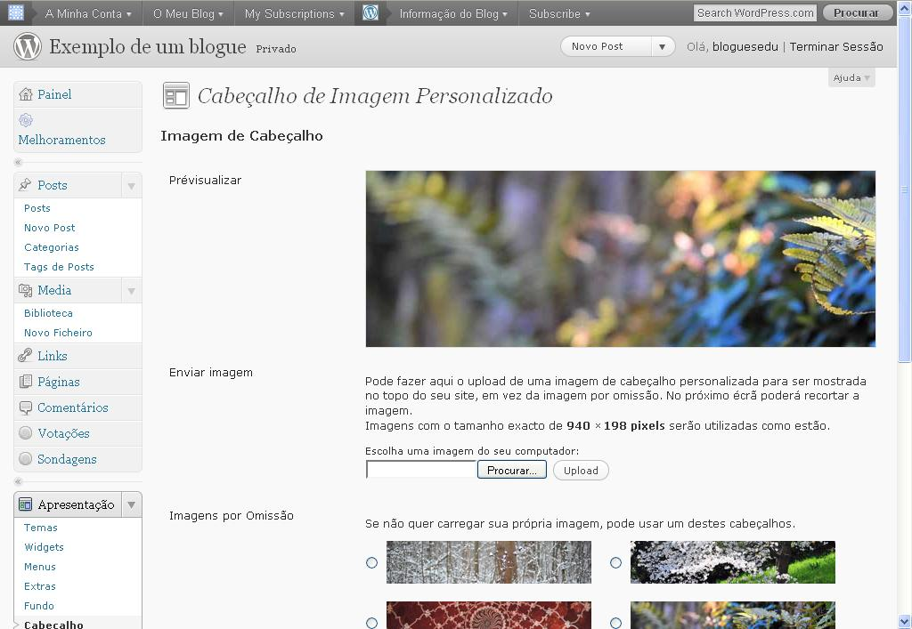 É possível realizar a personalização da imagem que corresponde ao cabeçalho do seu blogue, bem como o título e
