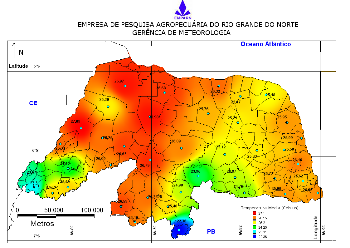 Figura 5 Distribuição espacial da variabilidade de temperatura média anual para o Rio Grande do Norte.