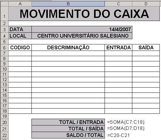 MOVIMENTO DO CAIXA DA EMPRESA Uma planilha de aula representando os gastos e os ganhos da empresa, tendo como objetivo mostrar a estatística do saldo que a empresa obteve no final do mês, semana ou