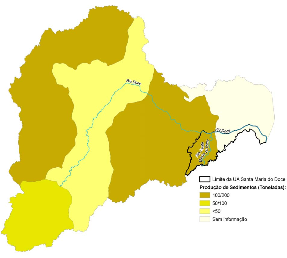 Figura 12 Produção de sedimentos na bacia do rio Doce Fonte: Adaptado do mapa da Eletrobrás / 1992.