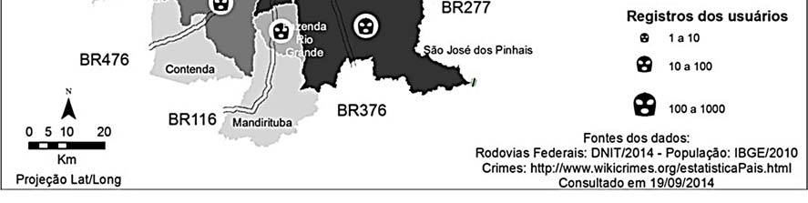 5 06 - O cartograma abaixo apresenta três conjuntos de dados espaciais sobrepostos: rodovias federais que passam por Curitiba PR e entorno, população dos municípios apresentados e a quantidade de