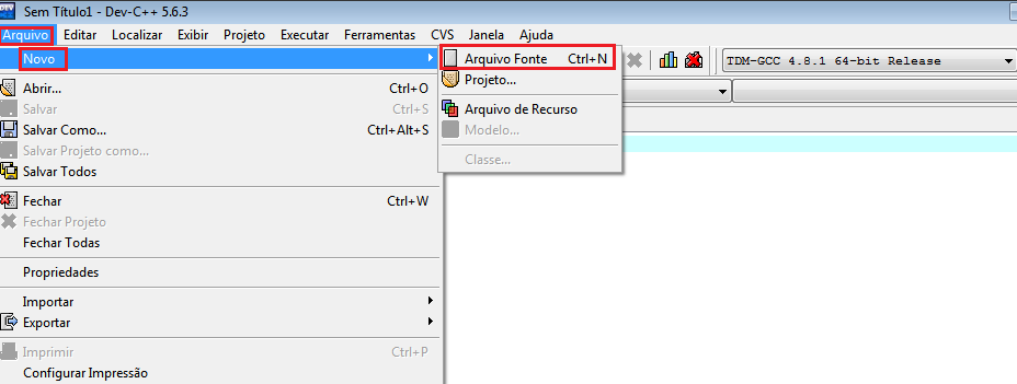 Ambiente Dev-C++ Criando novo arquivo no Dev-C++ Inicie o Dev-C++ pelo ícone