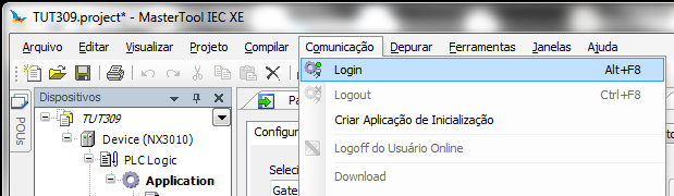 Enviando o programa para a CPU No Menu principal ir em Comunicação e clicar em Login.