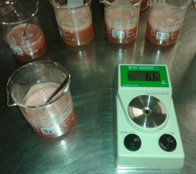 SÓLIDOS SOLÚVEIS ( O BRIX) Utilizando um equipamento denominado refratômetro calibrado com água no ponto zero, separar 03 porções de suco de tomate recém