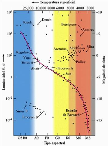 Hertzsprung-Russell Diagram As estrelas podem ser dispostos num diagrama empírico da luminosidade (ou magnitude absoluta) em funçãoda temperatura superficial (ou