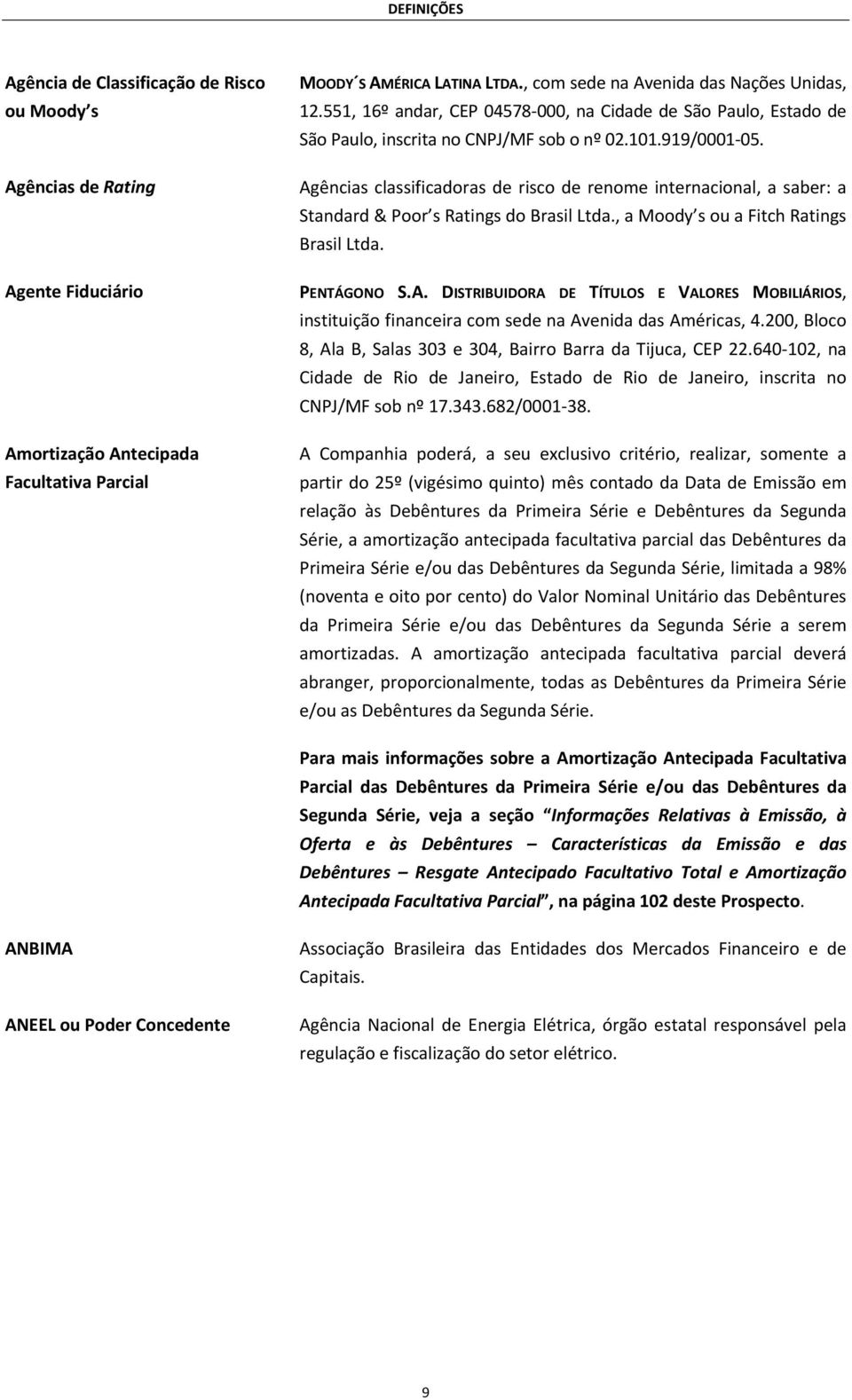 Agências classificadoras de risco de renome internacional, a saber: a Standard & Poor s Ratings do Brasil Ltda., a Moody s ou a Fitch Ratings Brasil Ltda. PENTÁGONO S.A. DISTRIBUIDORA DE TÍTULOS E VALORES MOBILIÁRIOS, instituição financeira com sede na Avenida das Américas, 4.