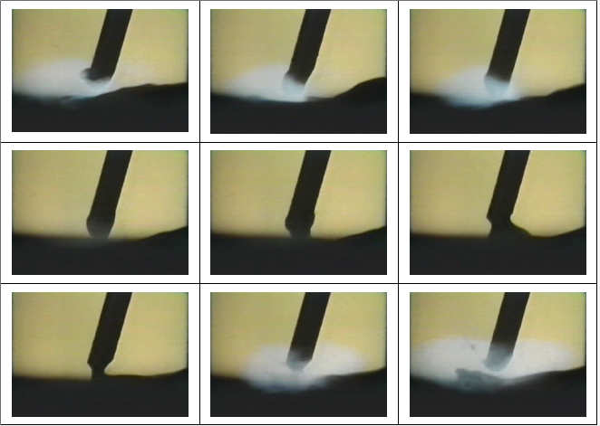 25 Figura 7: Imagens obtidas a partir de filmagem de alta velocidade da transferência por curto circuito. Fonte: ESAB (2005) 1.3.2.2 Transferência Globular A transferência globular é caracterizada
