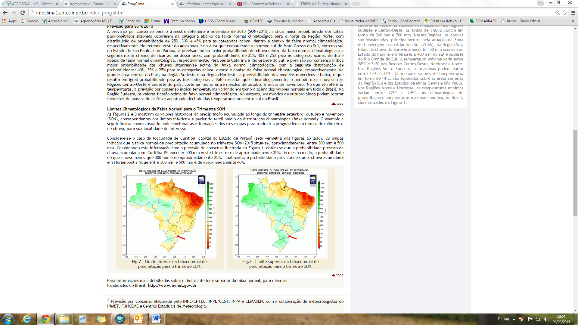 De acordo com o Prognóstico Climático para Setembro, Outubro e Novembro (SON) de 2015 (figura 04), as chuvas para as regiões produtoras de Mato Grosso do Sul, devem permanecer entre as faixas de 200