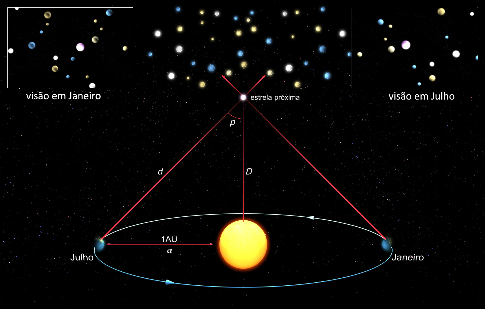 Licenciatura em Ciências USP/Univesp Módulo 1 35 Figura 2.10 Observações de uma mesma estrela feitas em janeiro e depois em julho, de forma que a linha de base tenha um comprimento de 2 UA.
