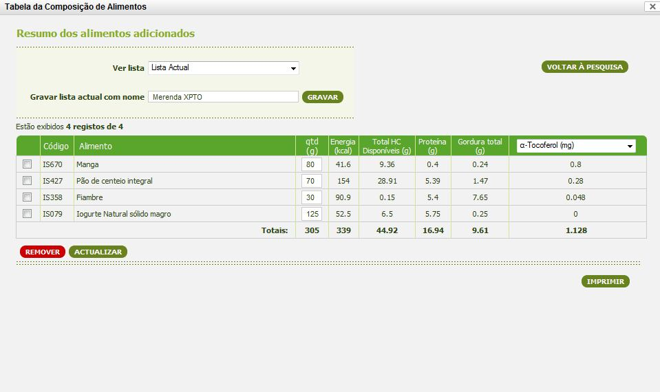 Gravar listas de alimentos O profissional de saúde pode também gravar listas de alimentos.