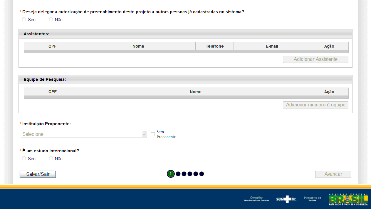 4) Ao selecionar a opção indicada no item anterior, o botão o usuário/pesquisador terá acesso à tela inicial de cadastro do Protocolo de Pesquisa, conforme demonstrado na figura abaixo: Nova