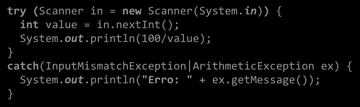Alterações no Java 7 Cláusulas cacth com várias exceções Reduz a duplicação de código na captura de exceções diferentes Scanner in; try { in = new Scanner(System.in); int value = in.nextint(); System.