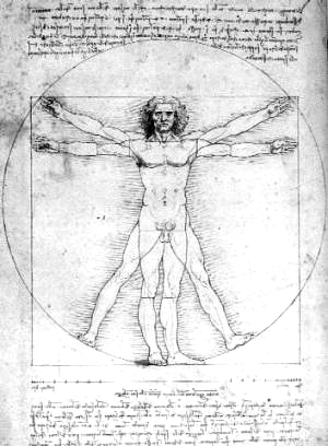 c) Na figura abaixo, temos o famoso desenho de Leonardo da Vinci conhecido como o Homem Vitruviano. Leonardo utilizou a razão áurea na construção do desenho em vários momentos.
