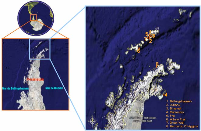 Figura 2. 1. Mapa da Península Antártica localizando as estações de pesquisas utilizadas neste estudo (pontos em laranja). Imagem obtida pelo google earth.