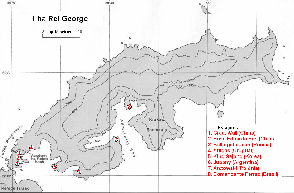 Figura 2. 4. Mapa da Ilha Rei George, localizando algumas estações utilizadas neste estudo (adaptada de Turner e Pendlebury 2004).