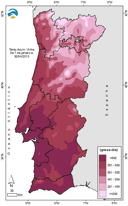 3.2 Temperaturas acumuladas para a cultura da Vinha Na Figura 9 apresenta-se a distribuição espacial da temperatura acumulada para a vinha entre 01 de janeiro e 30 de abril de 2013, para Portugal