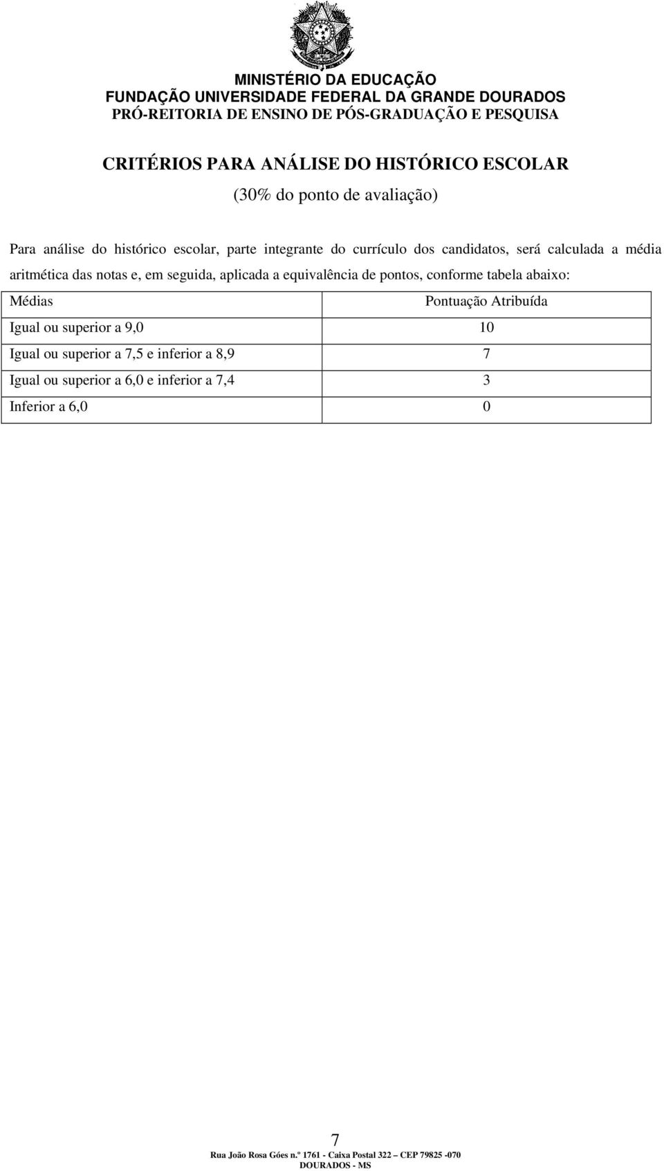 aplicada a equivalência de pontos, conforme tabela abaixo: Médias Pontuação Atribuída Igual ou superior a