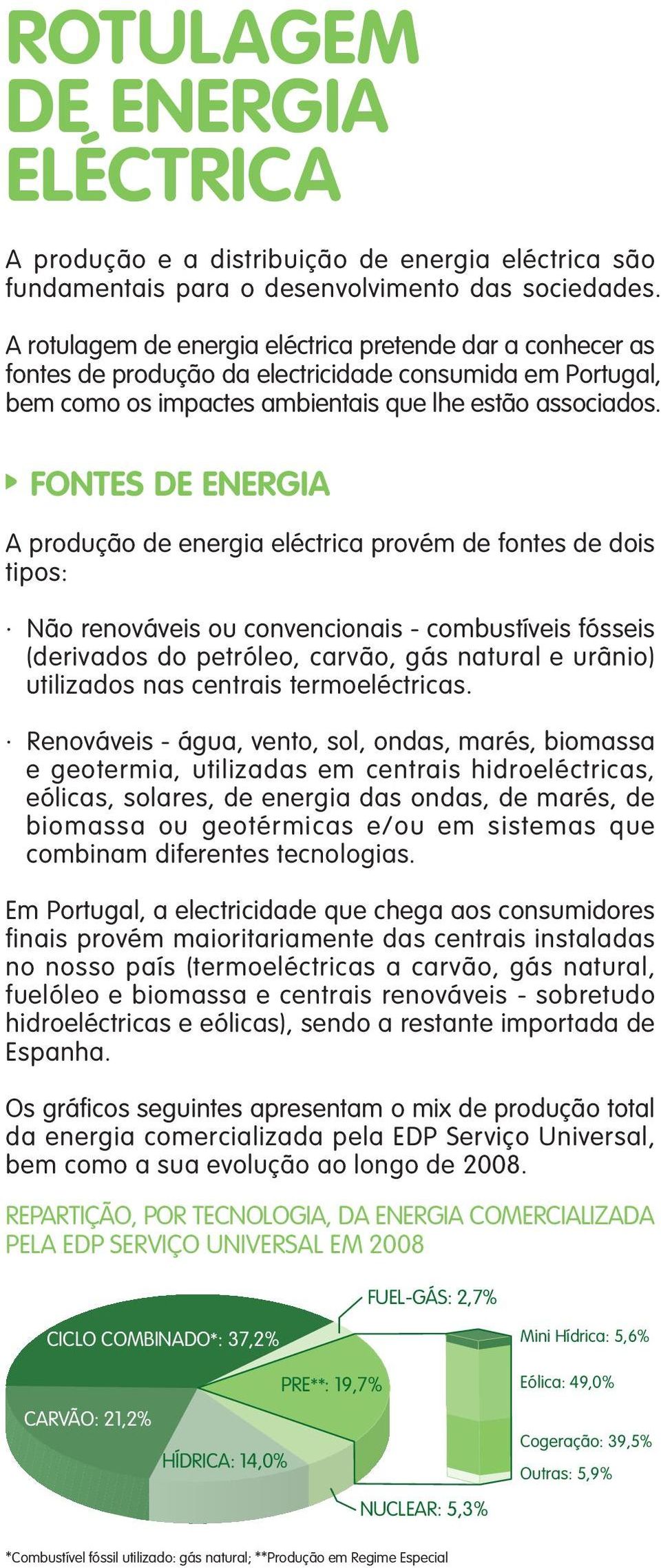 FONTES DE ENERGIA A produção de energia eléctrica provém de fontes de dois tipos: Não renováveis ou convencionais - combustíveis fósseis (derivados do petróleo, carvão, gás natural e urânio)