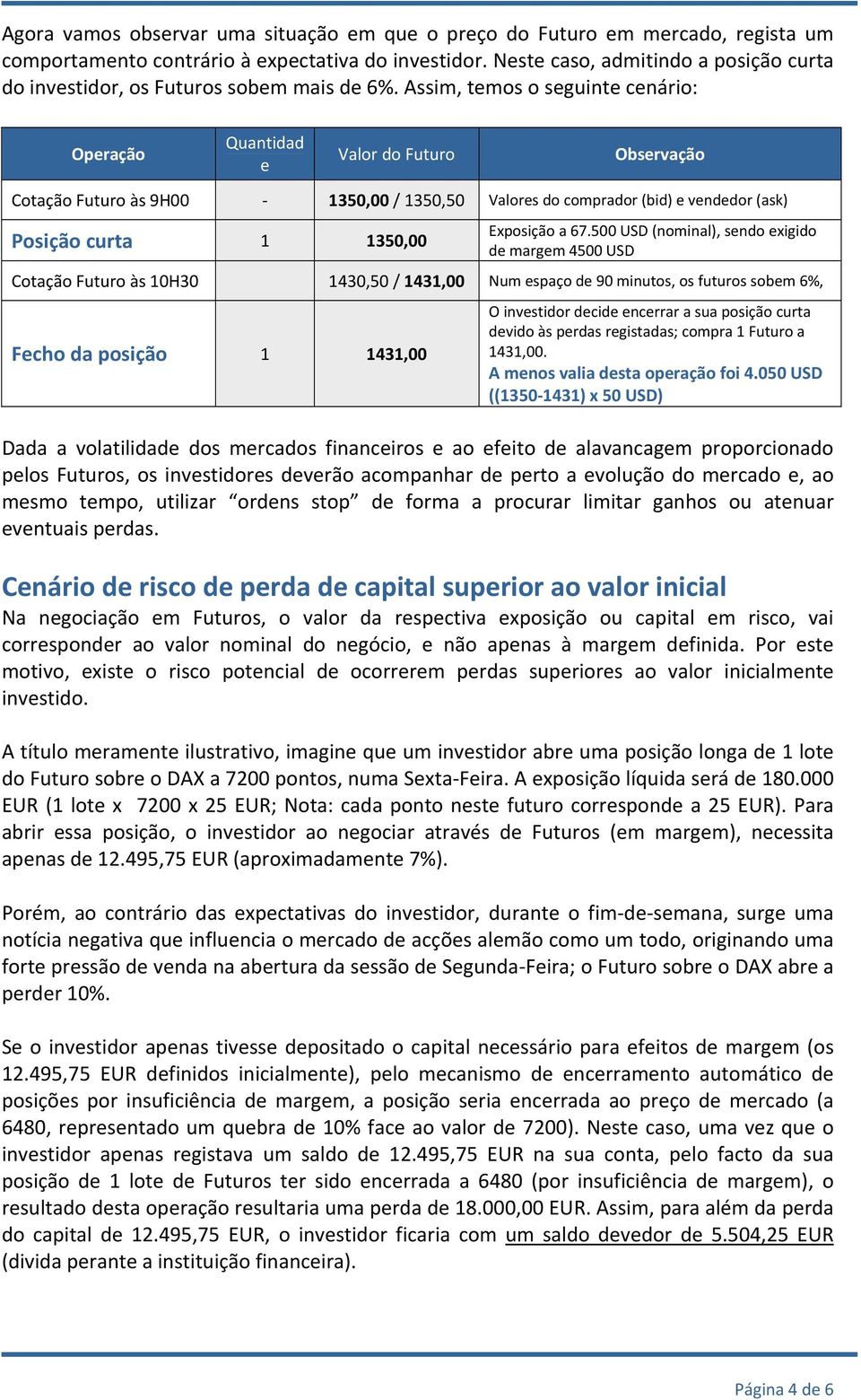 Assim, temos o seguinte cenário: Operação Quantidad e Valor do Futuro Observação Cotação Futuro às 9H00 1350,00 / 1350,50 Valores do comprador (bid) e vendedor (ask) Posição curta 1 1350,00 Exposição