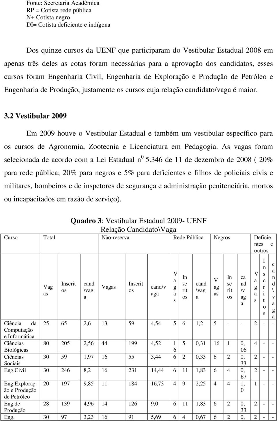 2 Vestibulr 2009 Em 2009 houve o Vestibulr Estdul e tmbém um vestibulr específico pr os cursos de Agronomi, Zootecni e Licencitur em Pedgogi. As vgs form seleciond de cordo com Lei Estdul n 0 5.