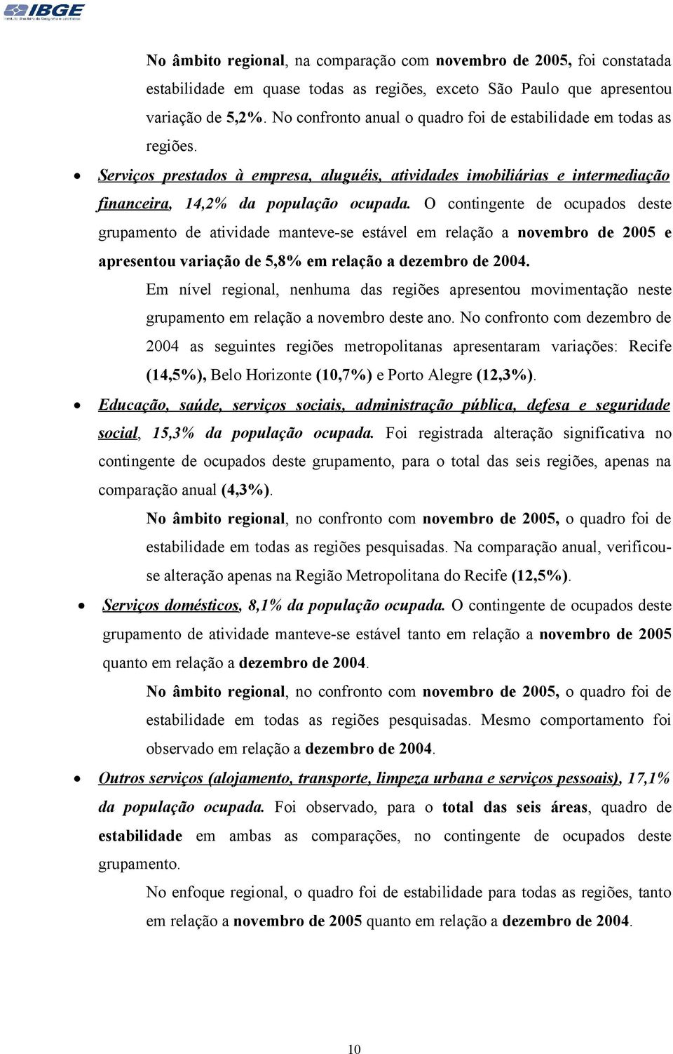 O contingente de ocupados deste grupamento de atividade manteve-se estável em relação a novembro de 2005 e apresentou variação de 5,8% em relação a dezembro de 2004.