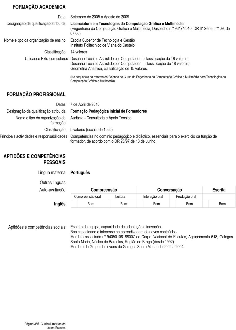 06) Nome e tipo da organização de ensino Escola Superior de Tecnologia e Gestão Instituto Politécnico de Viana do Castelo Classificação 14 valores Unidades Extracurriculares Desenho Técnico Assistido