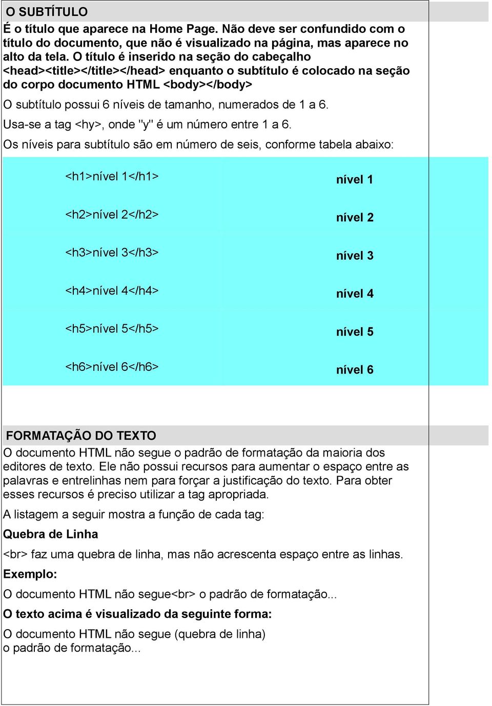 de 1 a 6. Usa-se a tag <hy>, onde "y" é um número entre 1 a 6.