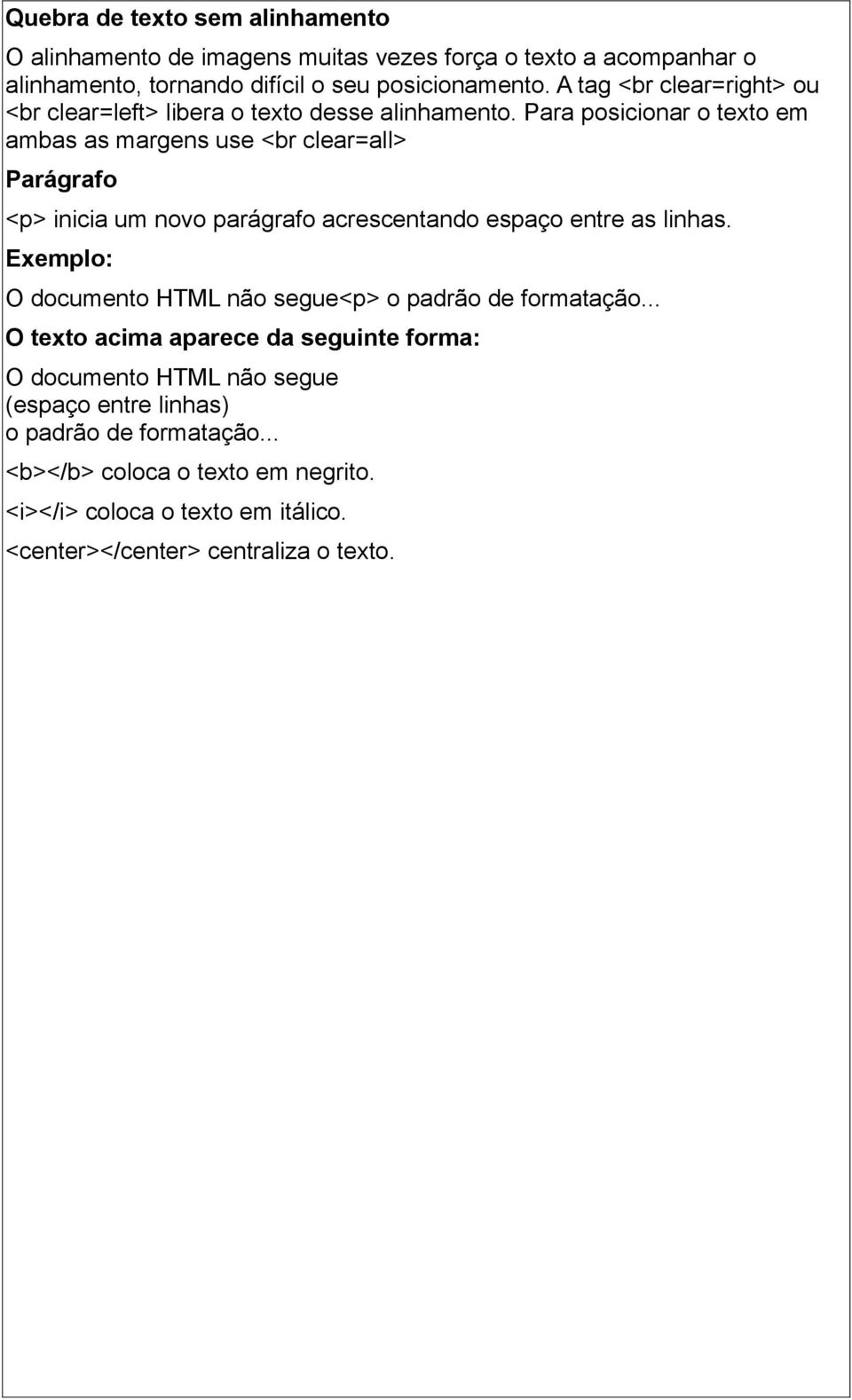 Para posicionar o texto em ambas as margens use <br clear=all> Parágrafo <p> inicia um novo parágrafo acrescentando espaço entre as linhas.