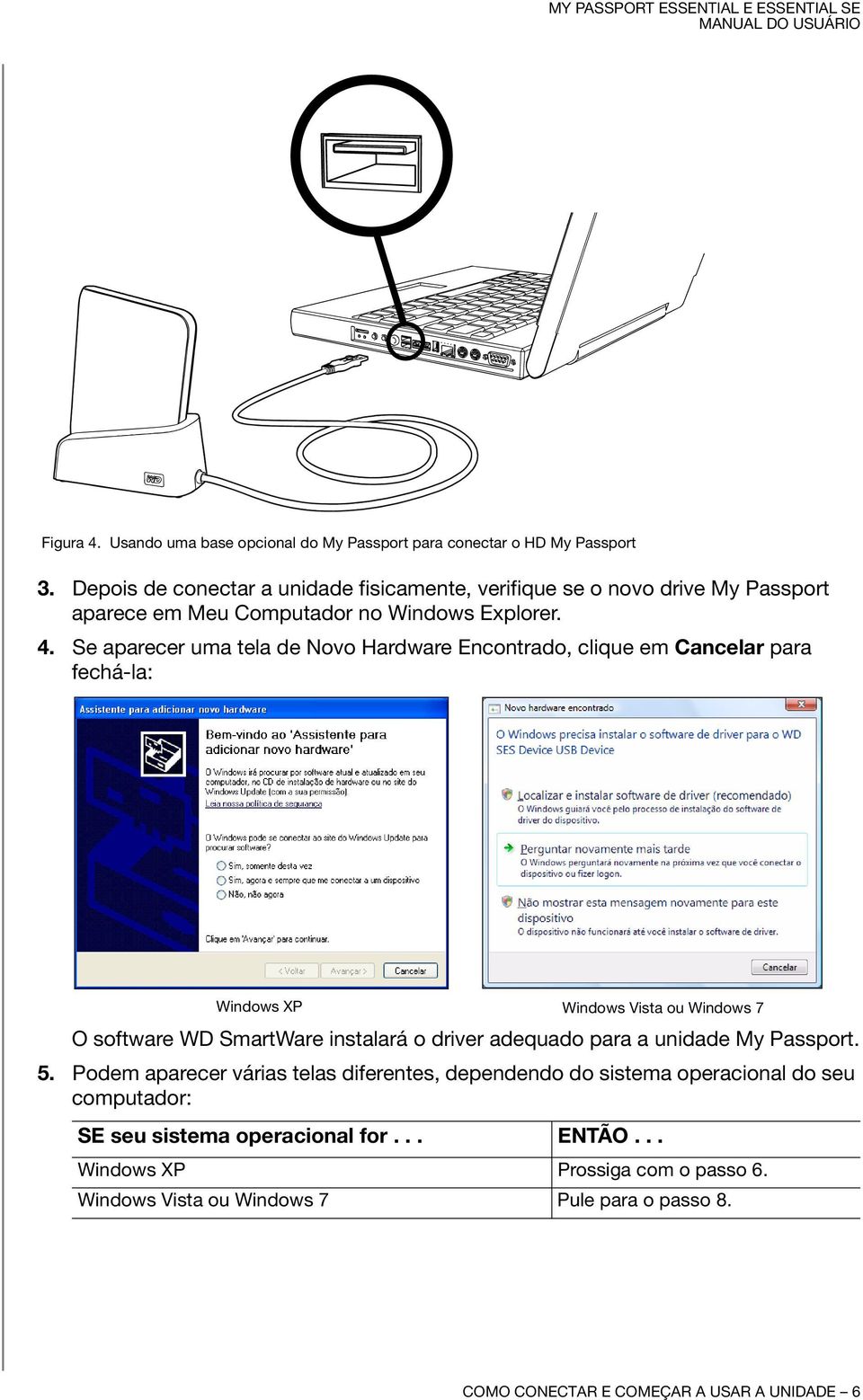 Se aparecer uma tela de Novo Hardware Encontrado, clique em Cancelar para fechá-la: Windows XP Windows Vista ou Windows 7 O software WD SmartWare instalará o driver
