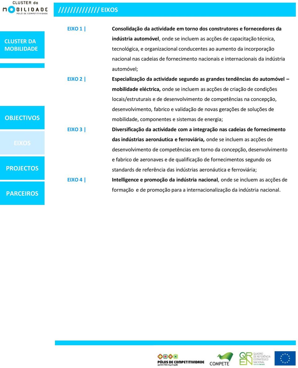 automóvel mobilidade eléctrica, onde se incluem as acções de criação de condições locais/estruturais e de desenvolvimento de competências na concepção, desenvolvimento, fabrico e validação de novas