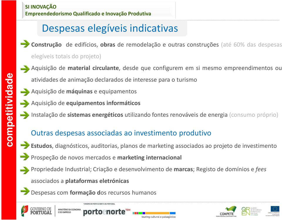 Aquisição de equipamentos informáticos Instalação de sistemas energéticos utilizando fontes renováveis de energia(consumo próprio) Software standard e específico Outras despesas associadas ao