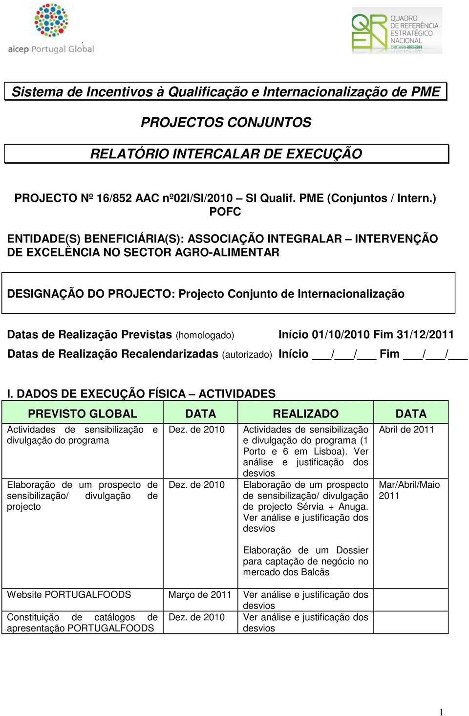 Previstas (homologado) Início 01/10/2010 Fim 31/12/2011 Datas de Realização Recalendarizadas (autorizado) Início / / Fim / / I.