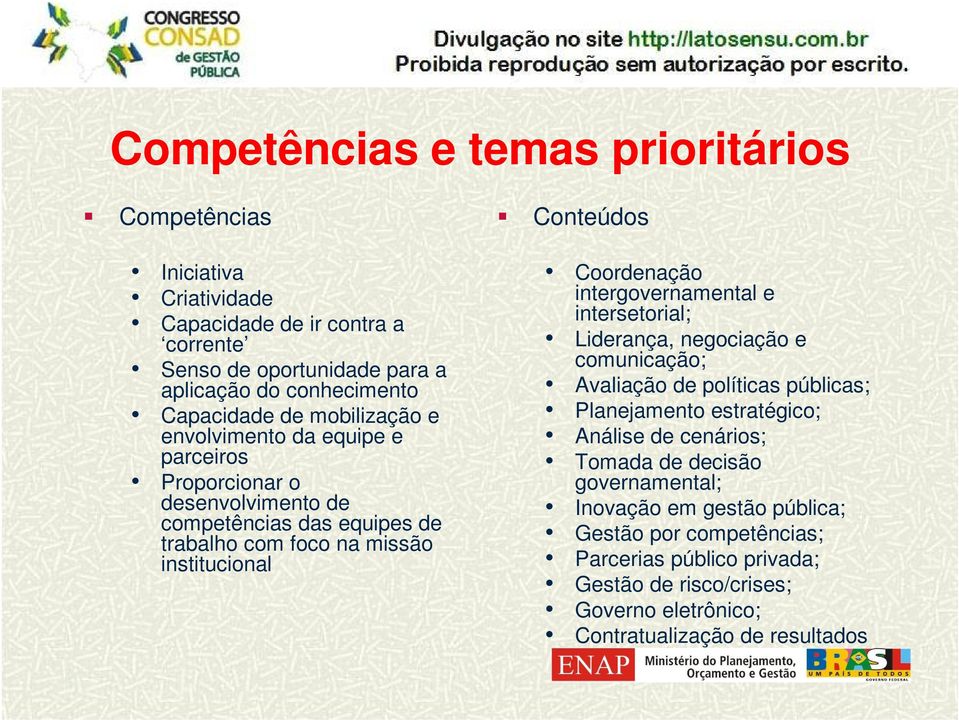 Coordenação intergovernamental e intersetorial; Liderança, negociação e comunicação; Avaliação de políticas públicas; Planejamento estratégico; Análise de cenários; Tomada