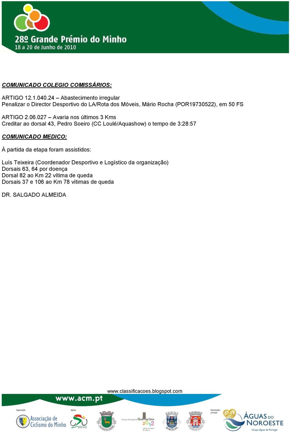 027 Avaria nos últimos 3 Kms Creditar ao dorsal 43, Pedro Soeiro (CC Loulé/Aquashow) o tempo de 3:28:57 COMUNICADO MEDICO: À