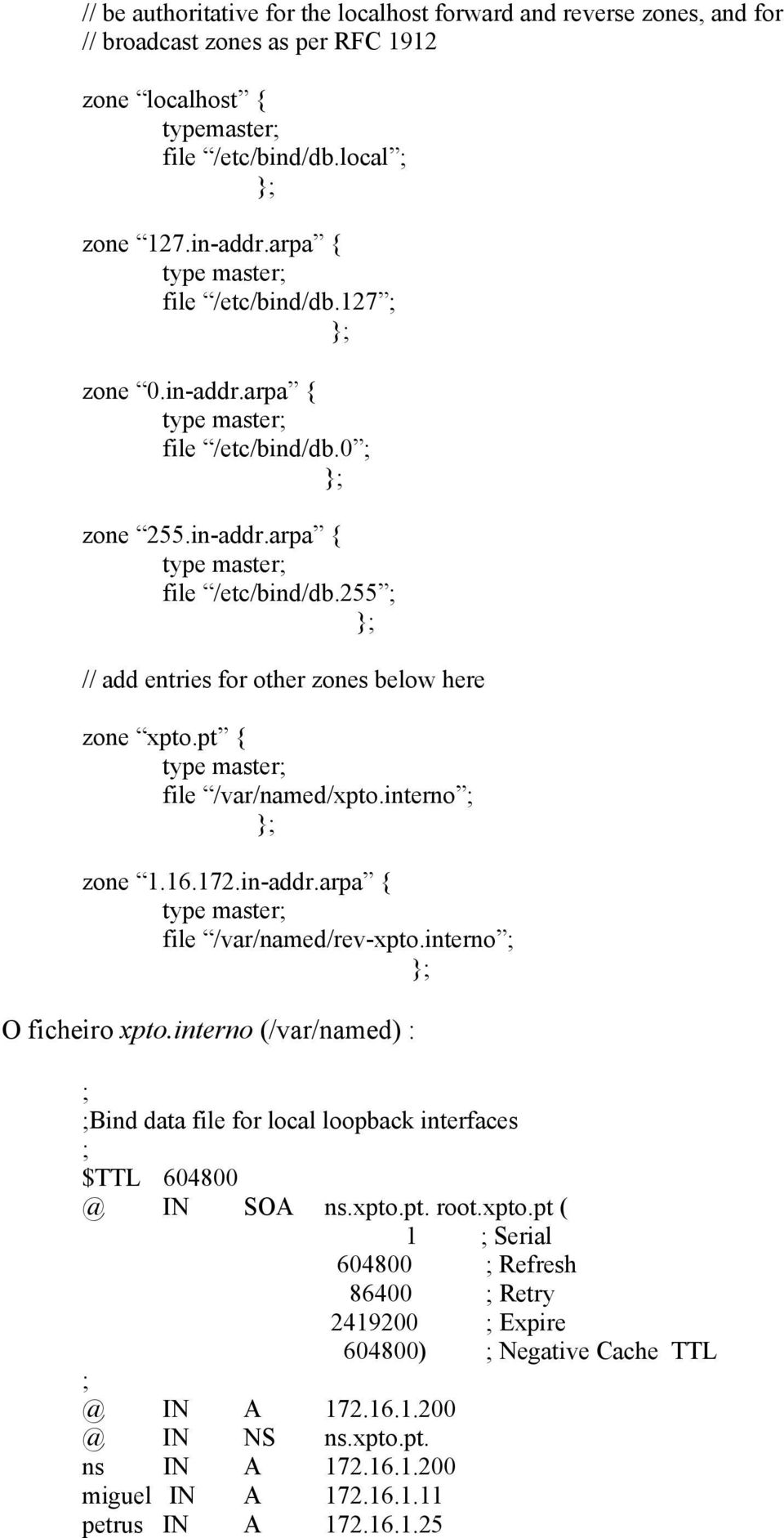 pt { type master; file /var/named/xpto.interno ; zone 1.16.172.in-addr.arpa { type master; file /var/named/rev-xpto.interno ; O ficheiro xpto.