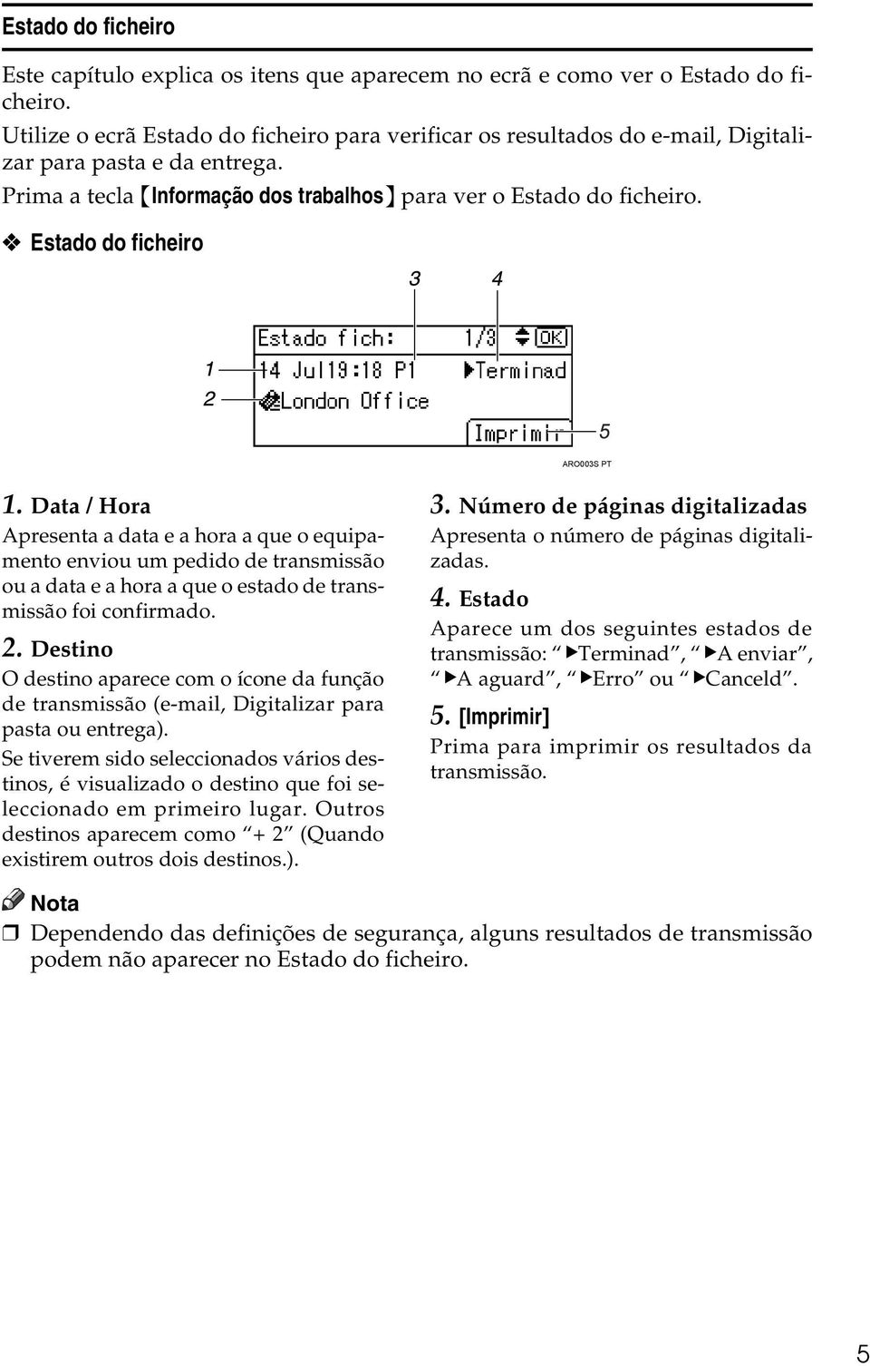 Estado do ficheiro ARO003S PT 1. Data / Hora Apresenta a data e a hora a que o equipamento enviou um pedido de transmissão ou a data e a hora a que o estado de transmissão foi confirmado. 2.