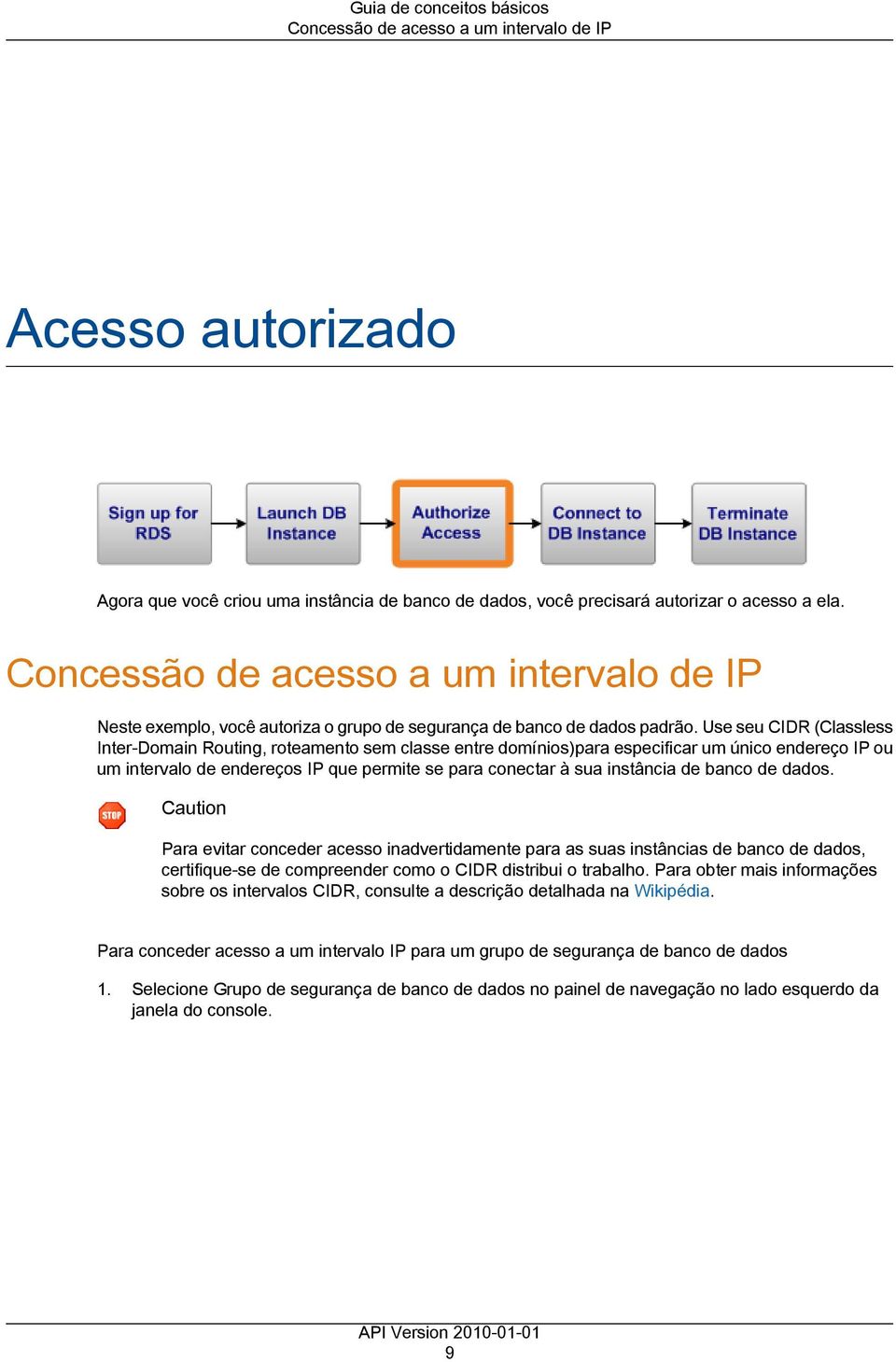 Use seu CIDR (Classless Inter-Domain Routing, roteamento sem classe entre domínios)para especificar um único endereço IP ou um intervalo de endereços IP que permite se para conectar à sua instância