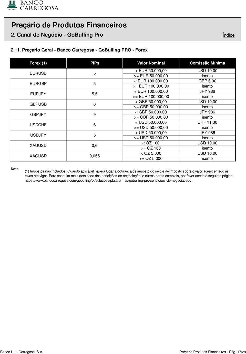 000,00 USD 10,00 >= EUR 50.000,00 isento < EUR 100.000,00 GBP 6,00 >= EUR 100.000,00 isento < EUR 100.000,00 JPY 986 >= EUR 100.000,00 isento < GBP 50.000,00 USD 10,00 >= GBP 50.