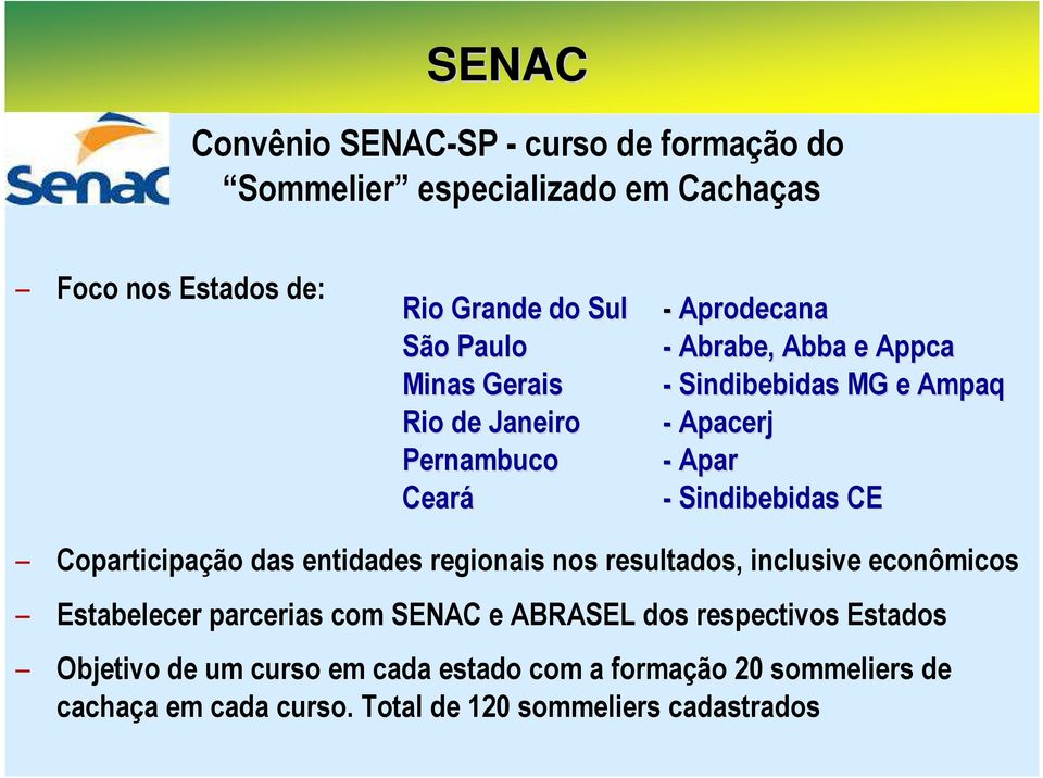 Sindibebidas CE Coparticipação das entidades regionais nos resultados, inclusive econômicos Estabelecer parcerias com SENAC e ABRASEL