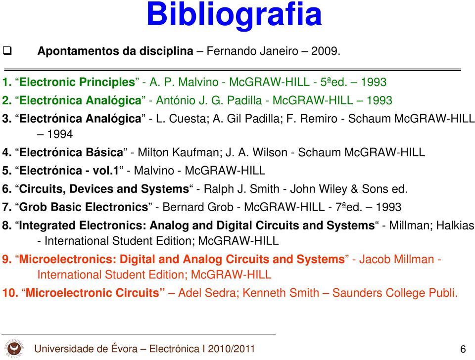 Electrónica - vol.1 - Malvino - McGRAW-HILL 6. Circuits,, Devices and Systems - Ralph J. Smith - John Wiley & Sons ed. 7. Grob Basic Electronics - Bernard Grob - McGRAW-HILL - 7ªed. 1993 8.