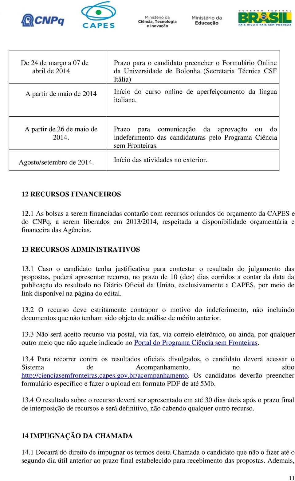 Prazo para comunicação da aprovação ou do indeferimento das candidaturas pelo Programa Ciência sem Fronteiras. Início das atividades no exterior. 12 RECURSOS FINANCEIROS 12.