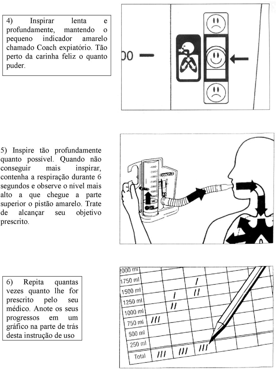 Quando não conseguir mais inspirar, contenha a respiração durante 6 segundos e observe o nível mais alto a que chegue a parte