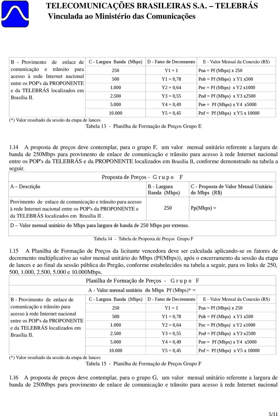 localizados em Brasília II, conforme demonstrado na tabela a Proposta de Preços - G r u p o F Provimento de enlace de acesso à rede Internet nacional e da TELEBRÁS localizados em Brasília II.